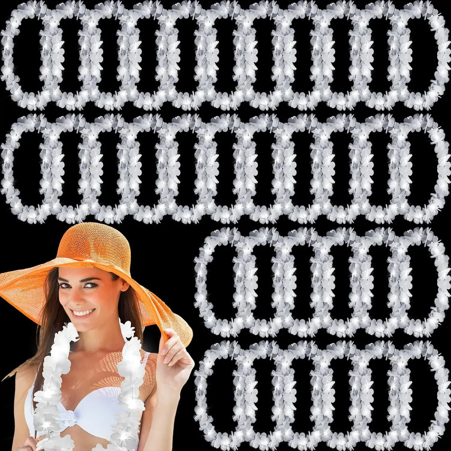24pcs White LED Hawaiian Lei Floral Necklace Glow Light Up Flower Lei Necklace Hula Garland Wreath Women Girl Luau Party Wedding glow flower lei necklace