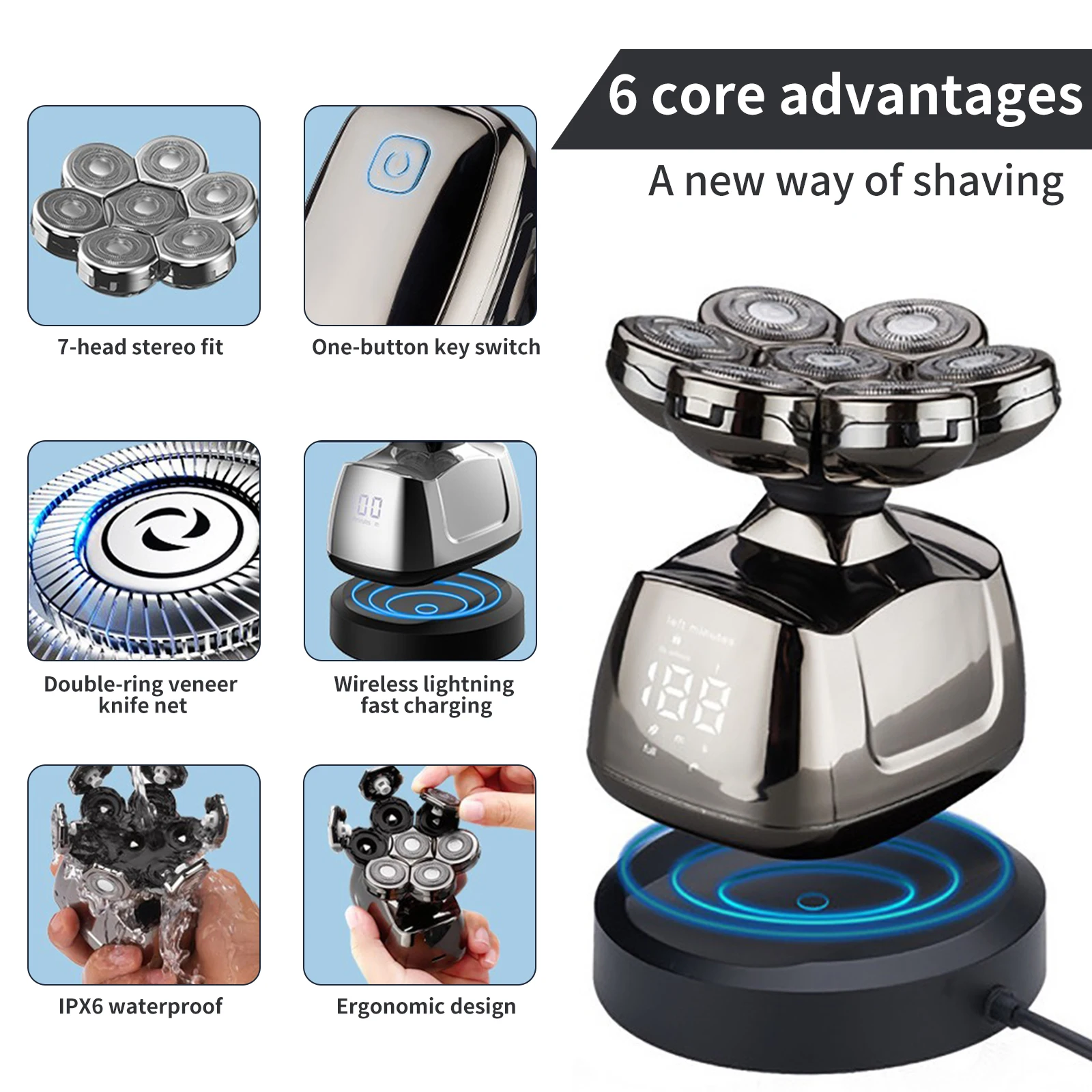 6 In 1 Electric Razor Wet Dry Cordless Skull Shavers 7D Floating Rechargeable Bald Head Shaver Electric Head Face Shaver 2