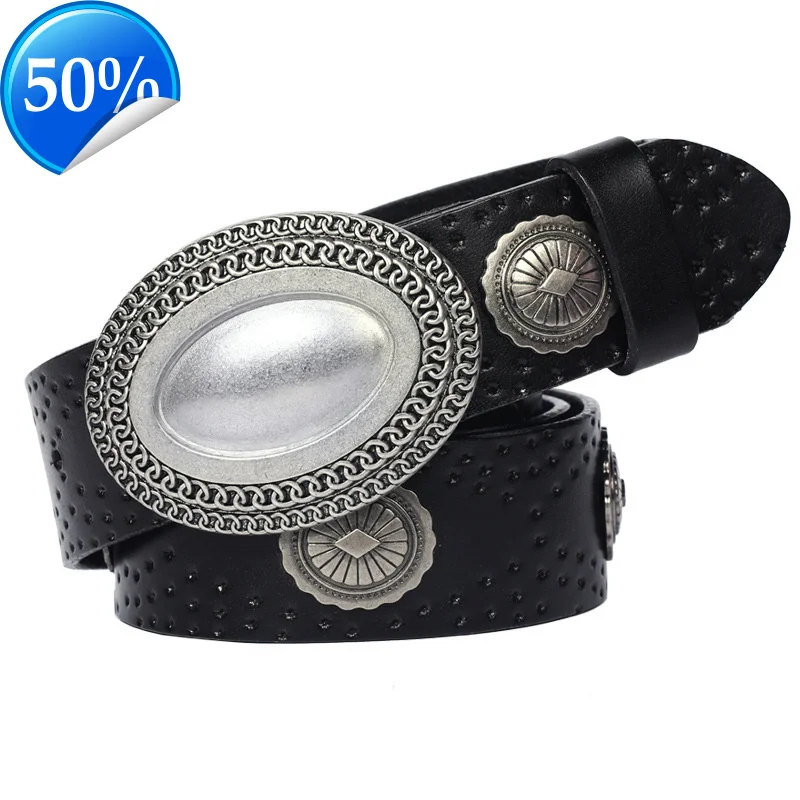 

3.8CM Heavy Metal Rivet Men Real Genuine Leather Belt Smooth Buckle Stud Punk Jeans Belts For Strap Rock Cowboy