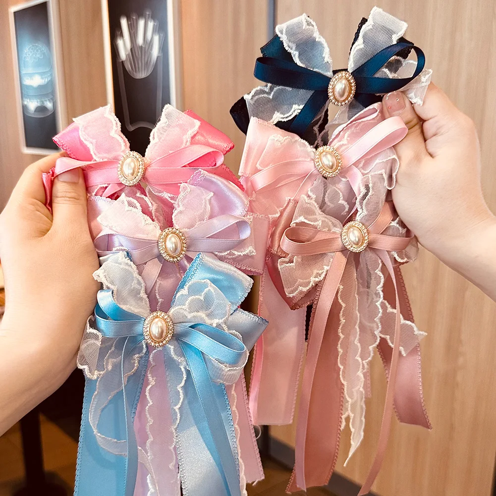 Elegant Bow Silk Hair Ribbons Bows Clips for Baby Girls Lace Satin Cloth Covered Hairpins Retro Ponytail Hairgrips Accessories images - 6