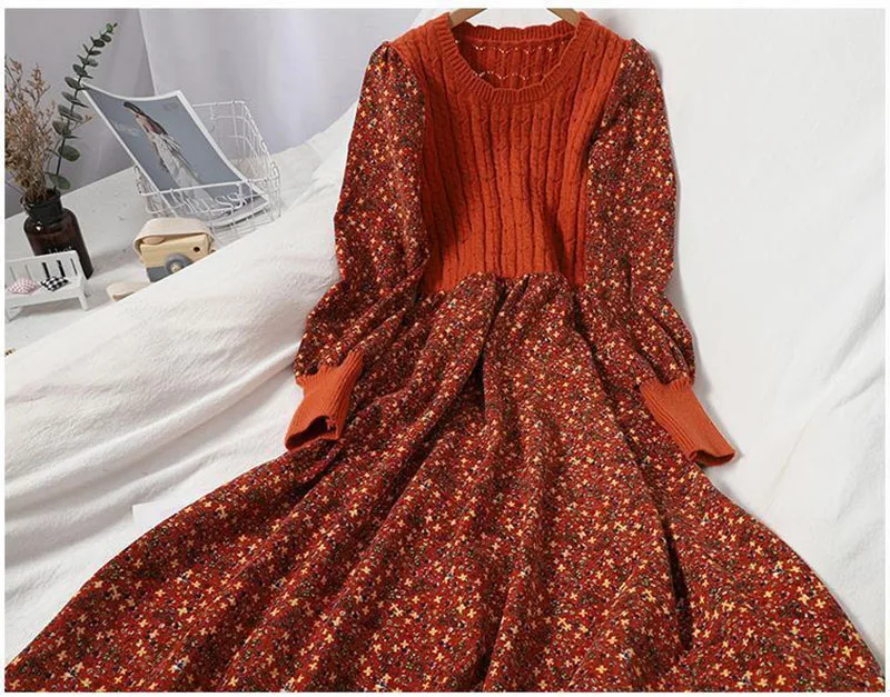 Floral Knitted Dress Women Vintage Corduroy Knitted Patchwork Dress Korean Long Bandage Dresses A-line Autumn and Winter Clothes