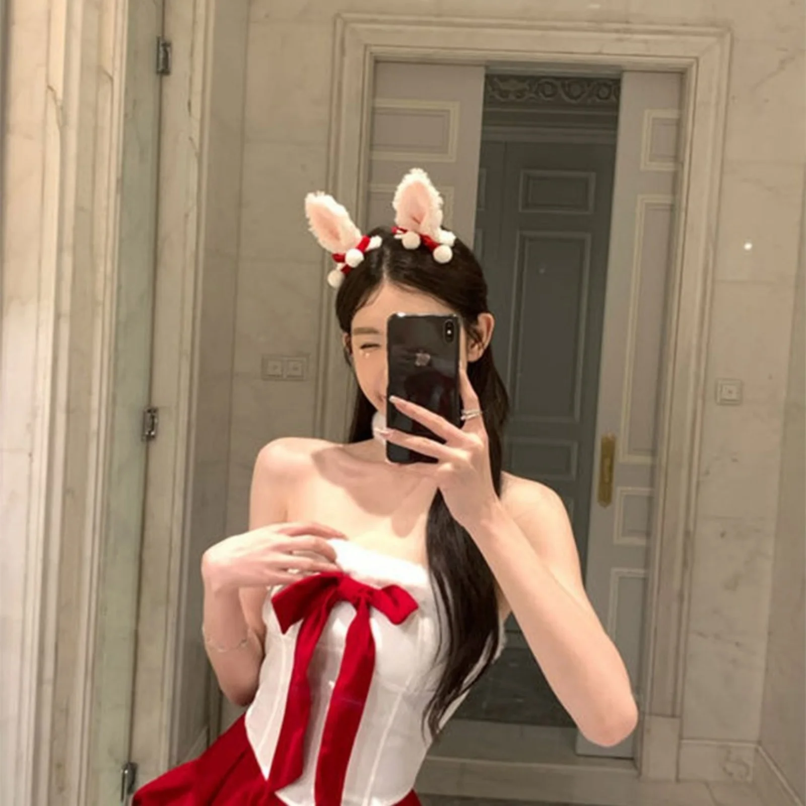 2PCS Christmas Bunny Ear Headband & Dress, Red White Plush Holiday Outfit, Cute Santa Cosplay Costume, Festive Xmas Party