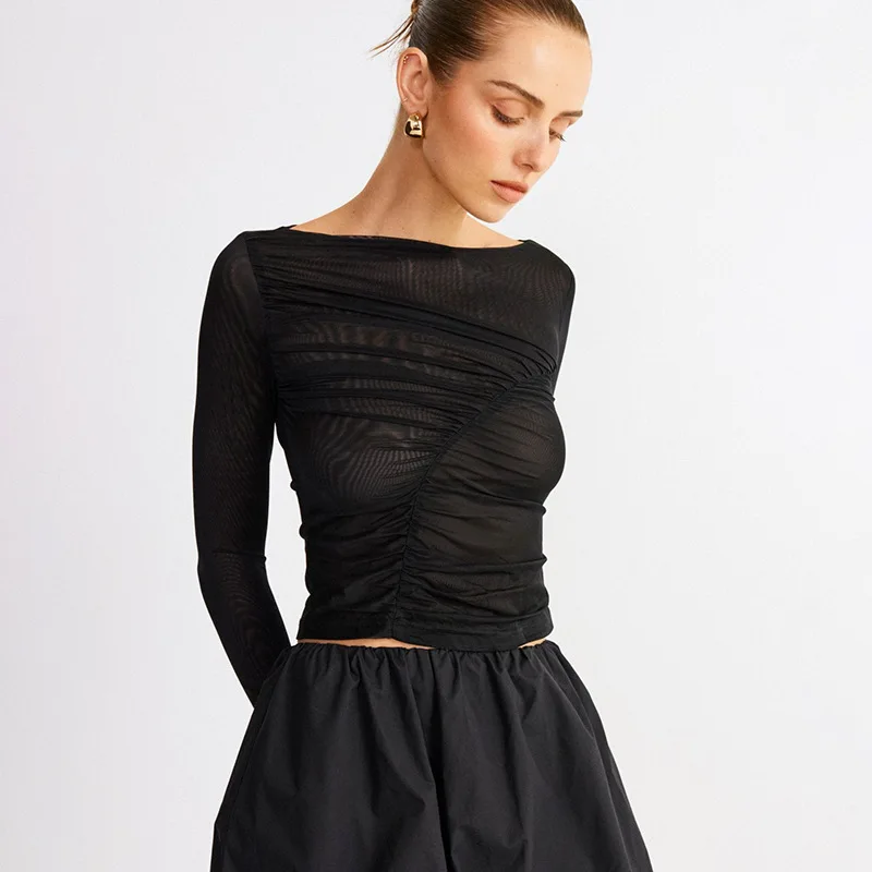Summer See-Through Mesh T-shirt Top Women Pleated Patchwork See-Through Slim Cropped Top Tee Female Solid T-shirt Pullover
