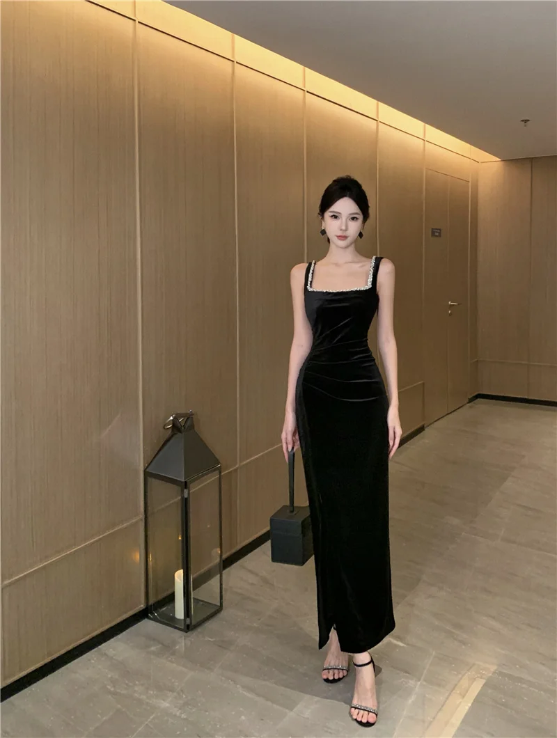 Elegant Bodycon Sleeveless Black Velvet Dresses for Women Diamonds High Slit Evening Party Dress Prom Robe One Piece Vestido New