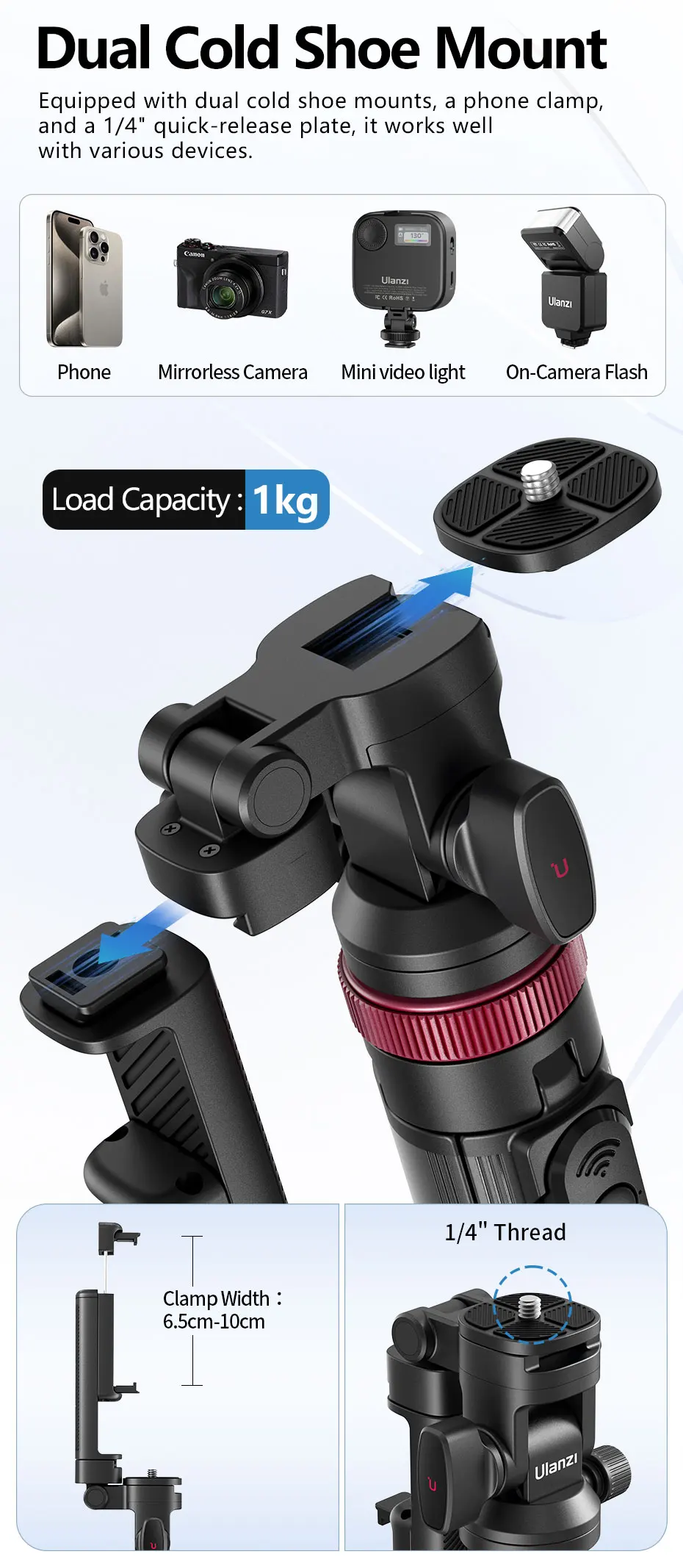 MT-78 1.85M Quick Release Tripod with Remote Phone Holder Cold Shoe Mount 1/4''