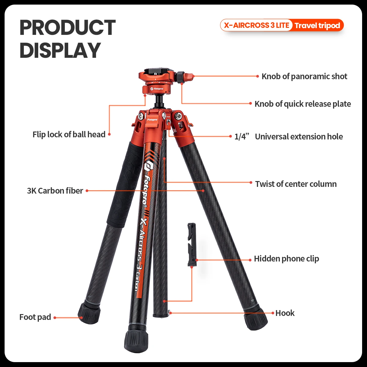 Fotopro X-Aircross 3 Lite Carbon Fiber Tripod selfie stick tripod selfie stick sports camera selfie stick cell phone selfie stick smartphone selfie stick phone selfie tripod 1.7lbs Ultralight 62 Inch Portable Compact Travel Tripod for DSLR