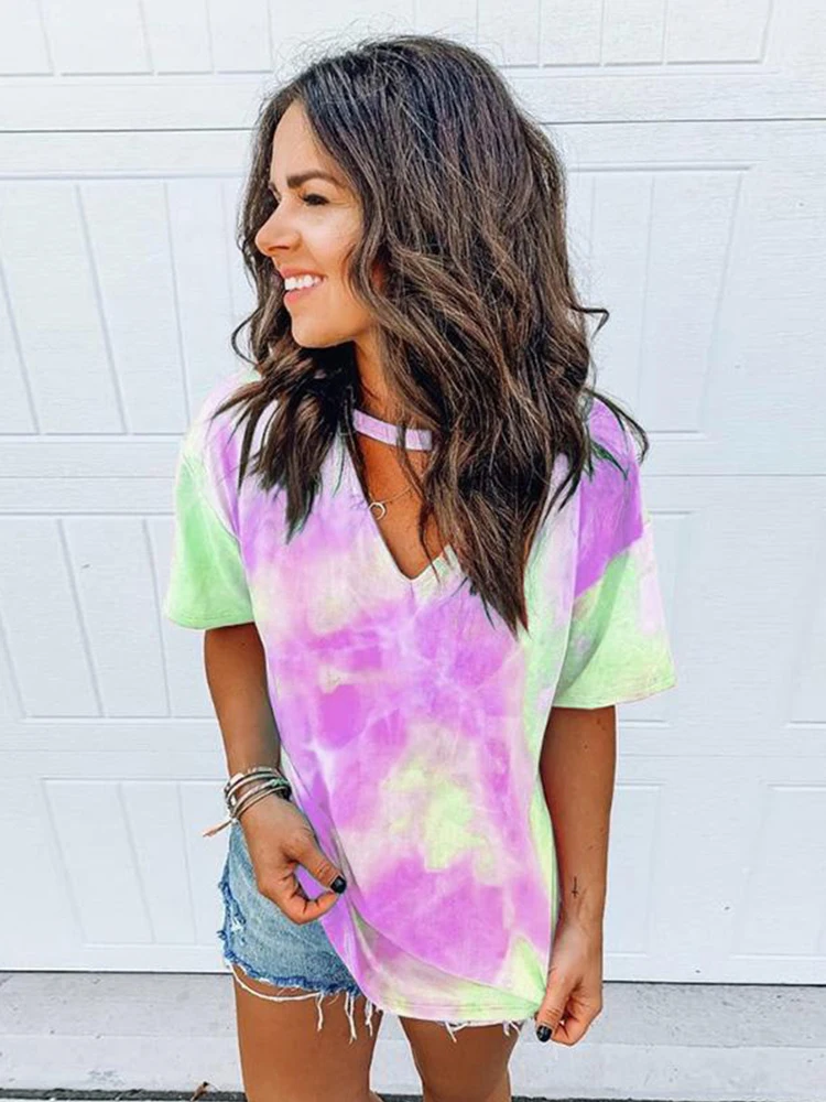 

Hollow Out T-shirt Tie Dye Tops Tee Women Summer Short Sleeve 2023 harajuku camiseta mujer tee shirt femme streetwear v-neck tee