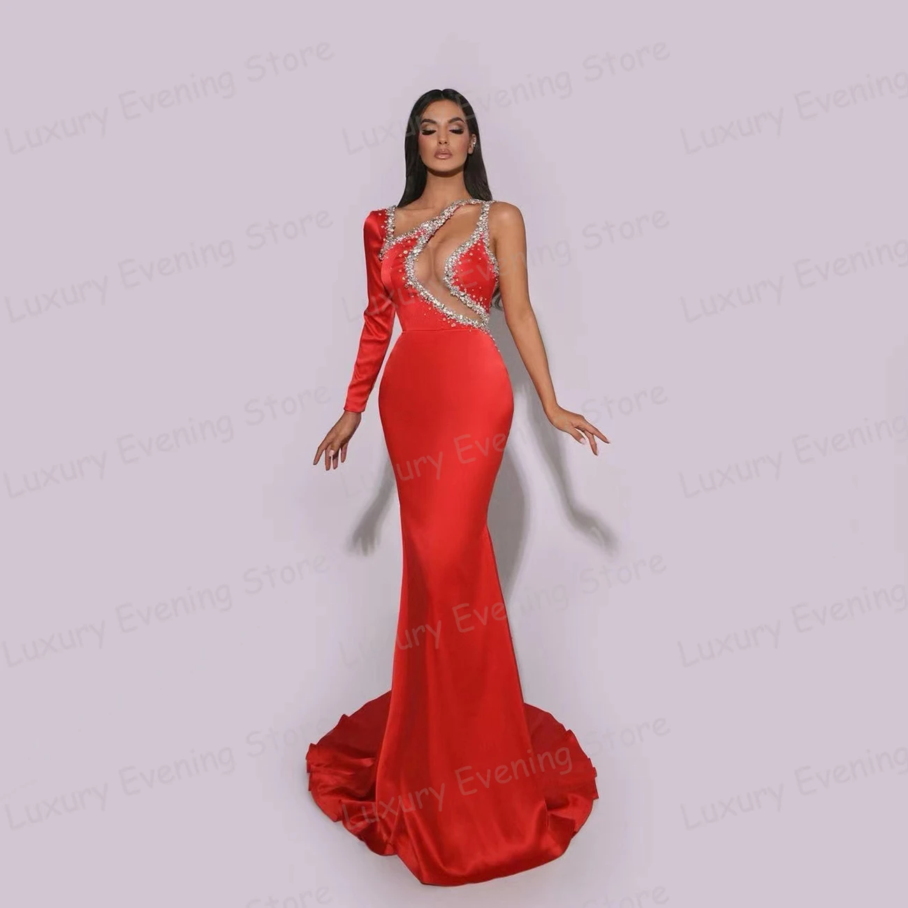

Celebrity Hollow Red Evening Dresses Sequined Mermaid Prom Gowns Women's One Shoulder Count Train Fashion Party Vestidos Novia