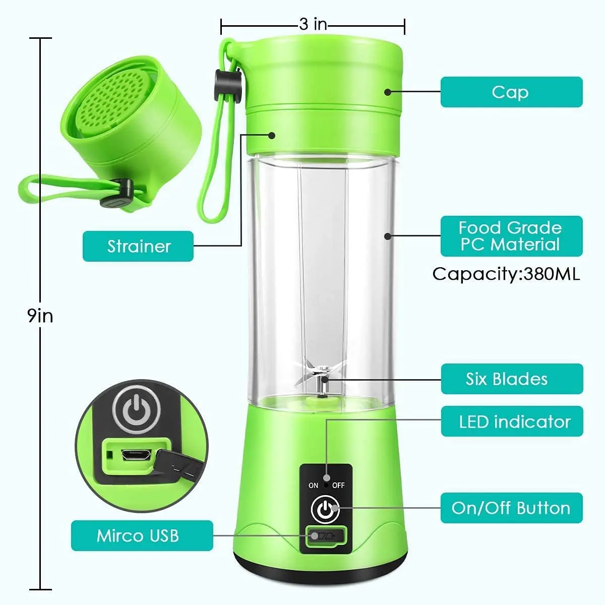 Portable Blender,Personal Blender with USB Rechargeable Mini Fruit Juice  Mixer, Mini Blender Travel with 13oz Bottles-Green