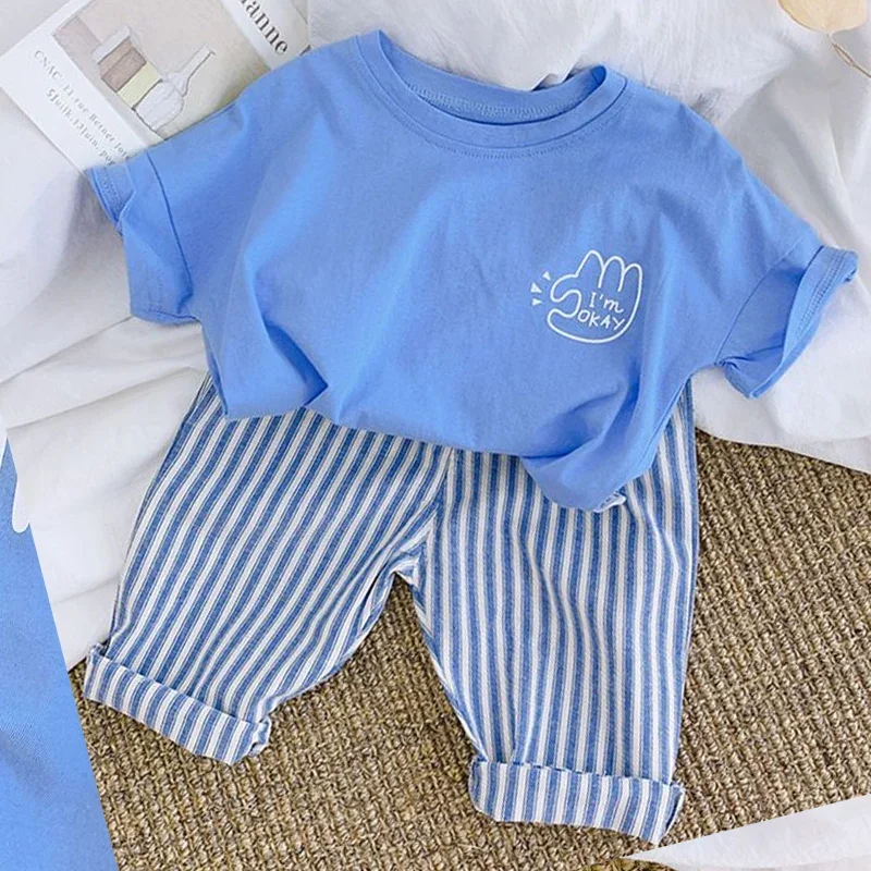 

2024 New Korean Fashion Children's Sets Contrasting Colors Cute Kawaii Hipster Sports Chic Loose Casual Stripe Clothes for Boys