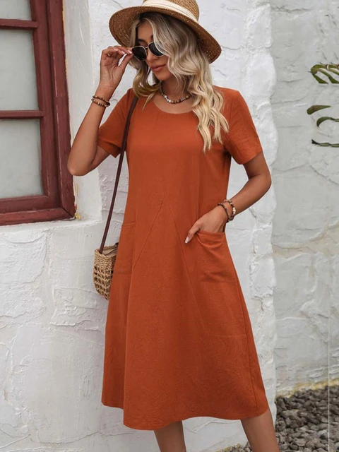 Women's Cotton Dress Midi Vintage Short Sleeve A-line Casual Long Green Dress  Women Elegant Loose Summer Dresses For Women 2023 - Dresses - AliExpress