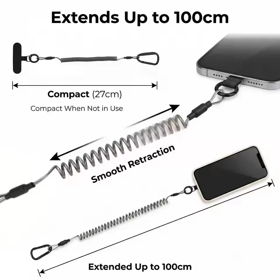 Retractable Anti-Theft Phone Strap with Quick Release Buckle and Tether Tabs