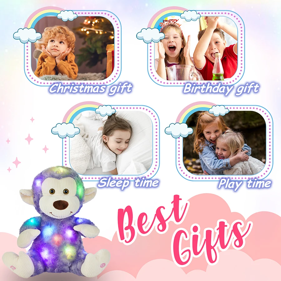 32cm Purple Monkey Doll Toys Luminous Stuffed Animal Pillow Musical LED Light Plush Toy Lovely Glowing Toys for Children Kids
