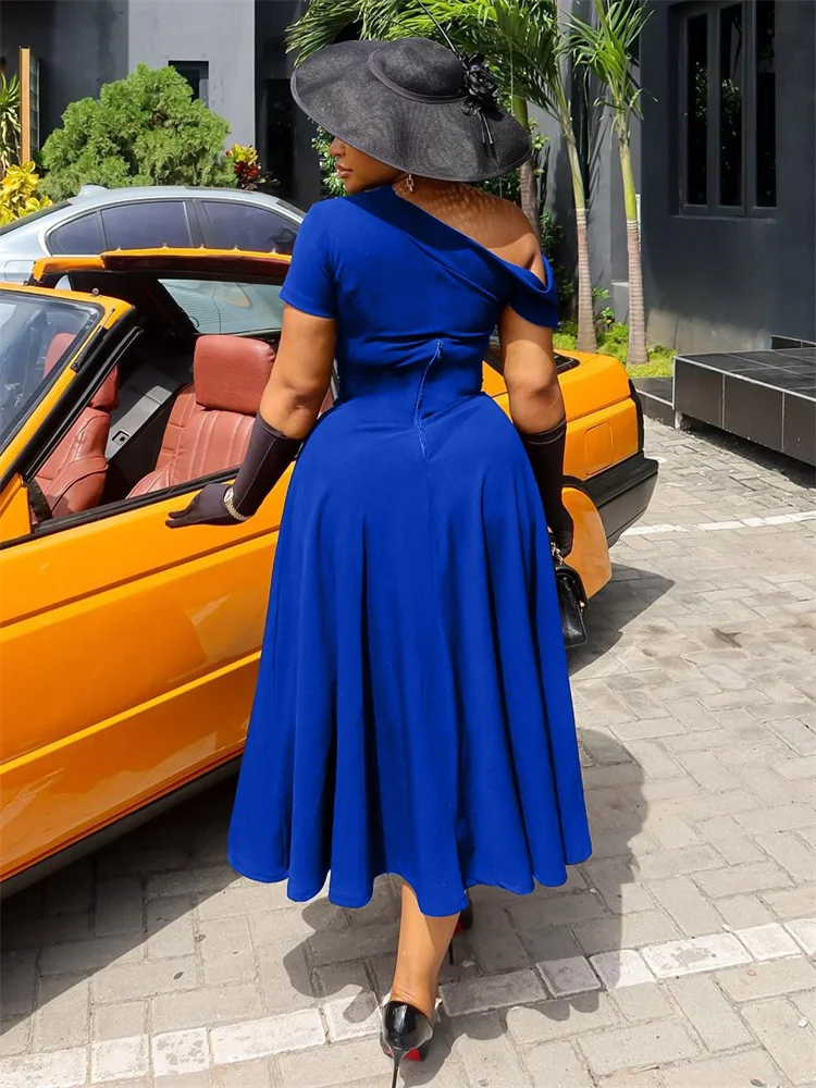 Wmstar Plus Size Dress Women Wholesale Short Sleeve Hollow Out Solid Color Cinched Waist Dress with A Slanted Collar Cutouts