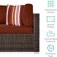 7-piece modular outdoor sectional wicker patio conversation set w/ 2 pillows, coffee table, cover included - brown/dark rust 5