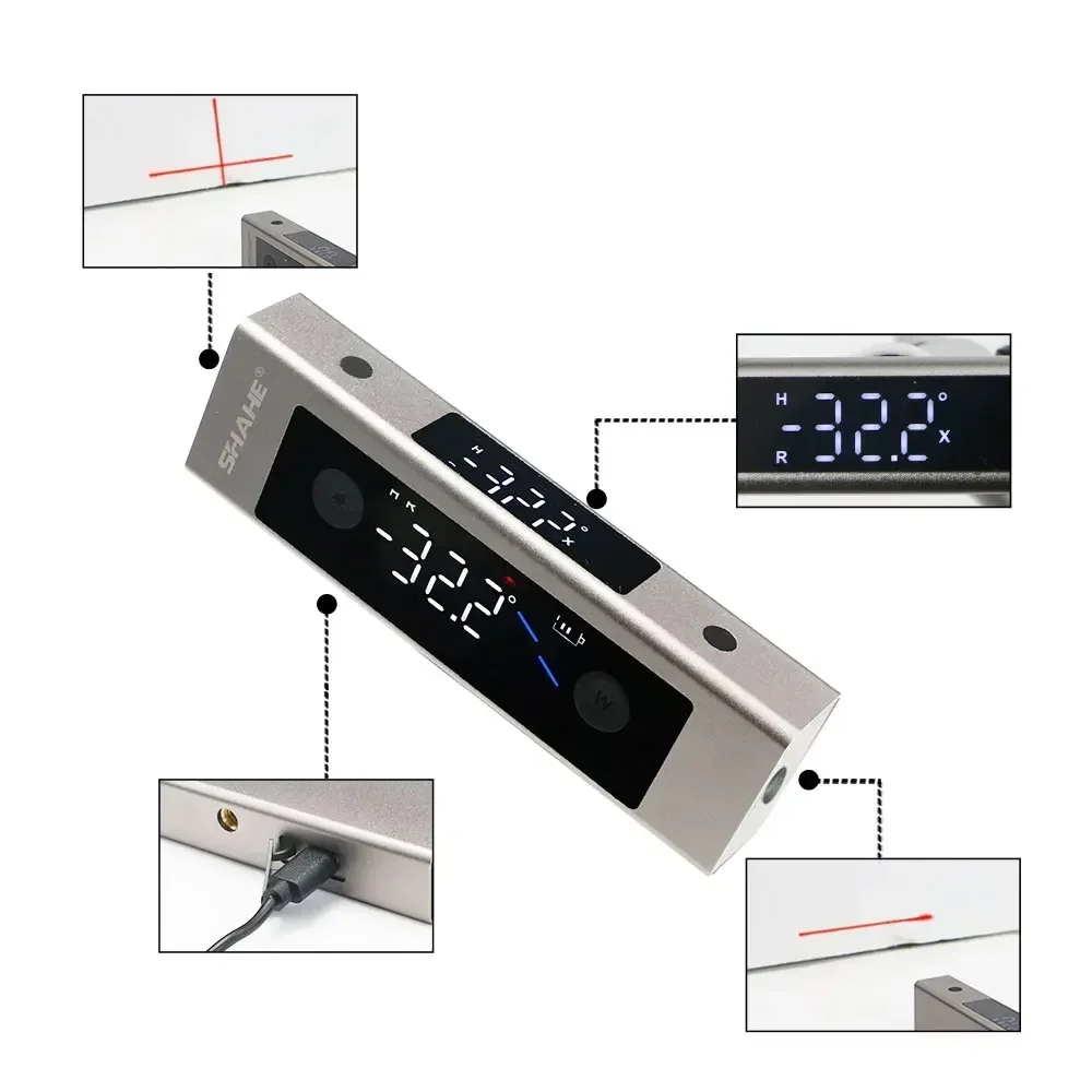 SHAHE 2 In 1 Laser Level Ruler Type-C Double Laser Angle Ruler Protractor Digital Inclinometer Measure Tool Protractor 4