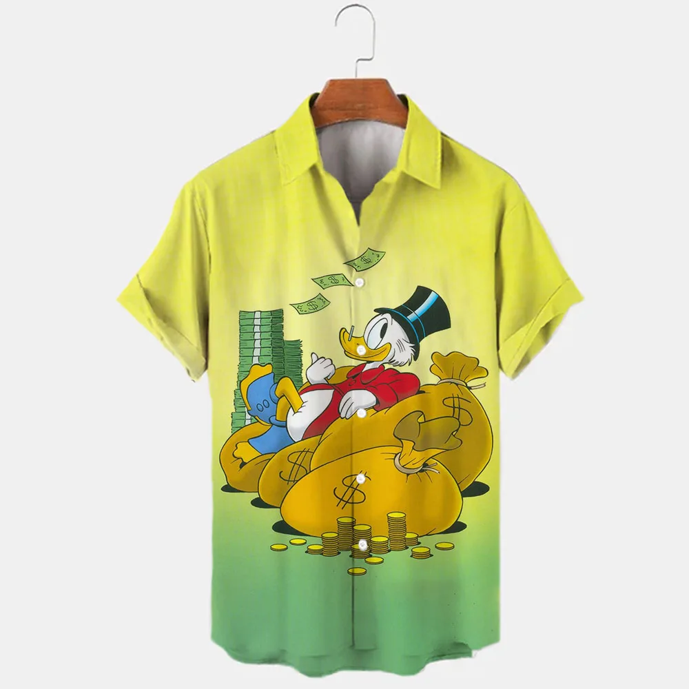 Novo verão 2022 disney pato donald e mickey marca dos desenhos animados casuais 3d impresso manga curta lapela camisa de ajuste fino masculino topo