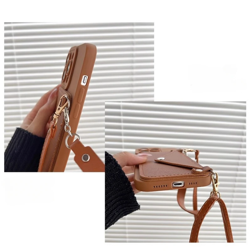 Elegant Leather Crossbody Lanyard Hand Strap Card Case Cover