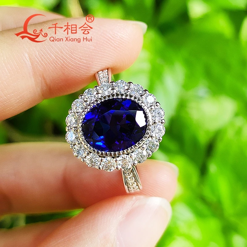 8x10mm oval sapphire stone with small white Moissanite Ring Silver 925  Wedding Engagement Ring Women gift