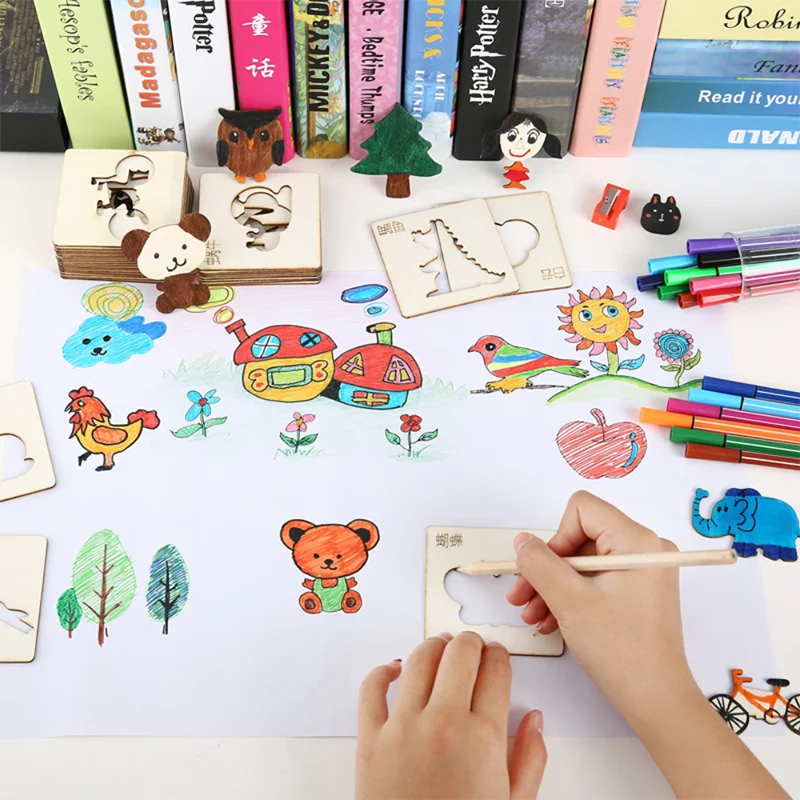 5-20pcs Montessori Kids Drawing Toys Wooden DIY Painting Stencils Template Craft Toys Puzzle Educational for Children Gifts
