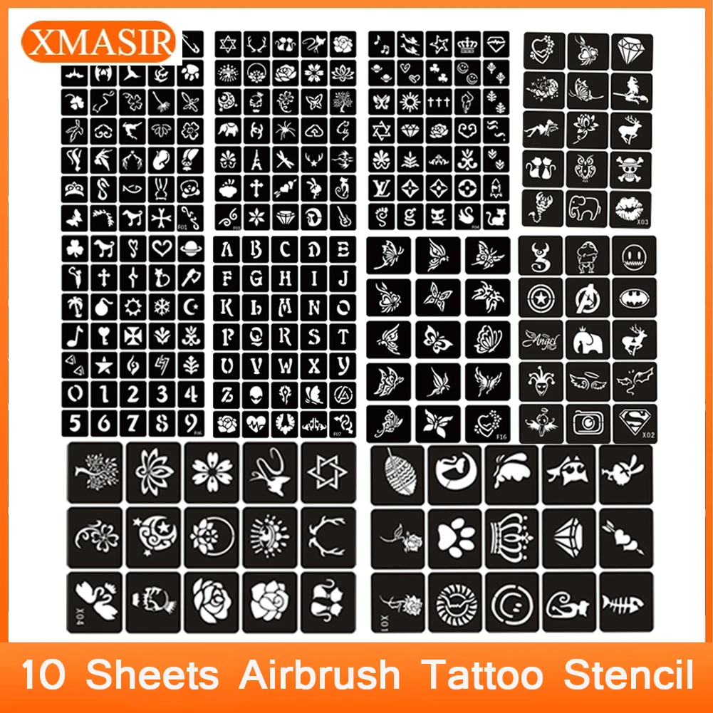 

250pcs/10 Sheets Small Airbrush Tattoo Stencils Lot Reusable Body Art Tattoo Sticker for Temporary Airbrush Tattoo Hand Painting