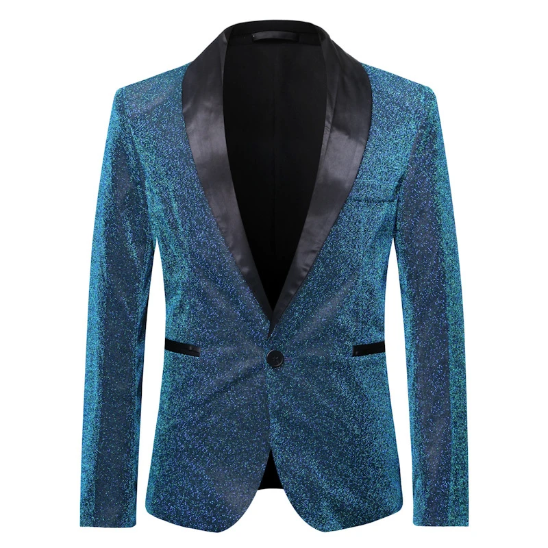 Luxury Sequin Dress Blazer Jacket for Men One Button Shawl Collar Suit Coat Wedding Nightclub Dance Party Singer Stage Costume