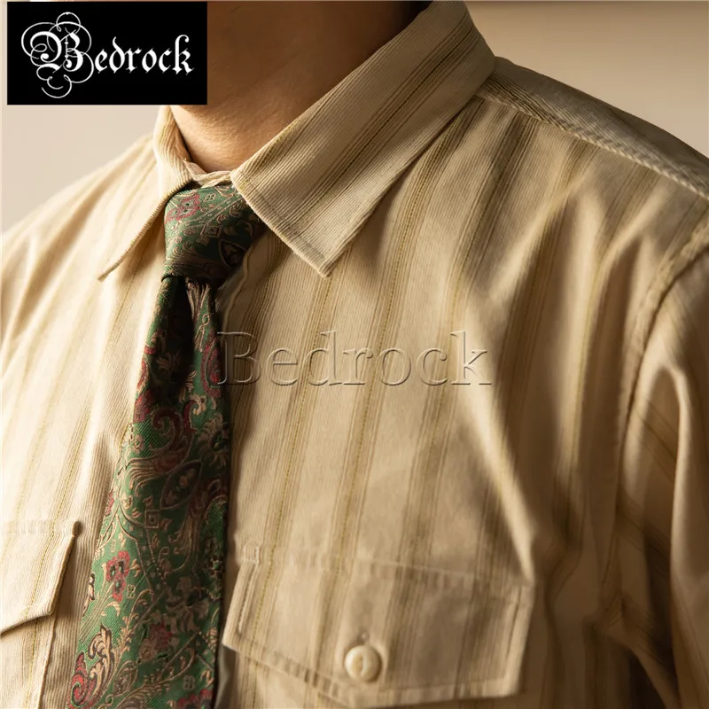 American vinatge beige vertical striped western shirt male Amekaji tops corduroy casual loose lapel long sleeved shirts