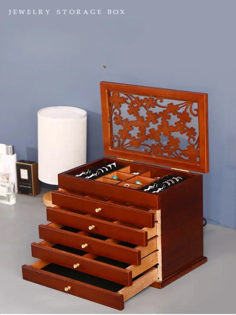Big Size Wood Jewelry Storage Box Drawer Ring Necklace Jewelry Boxes Organizer Case Earrings Display Bangles Tray Accessories