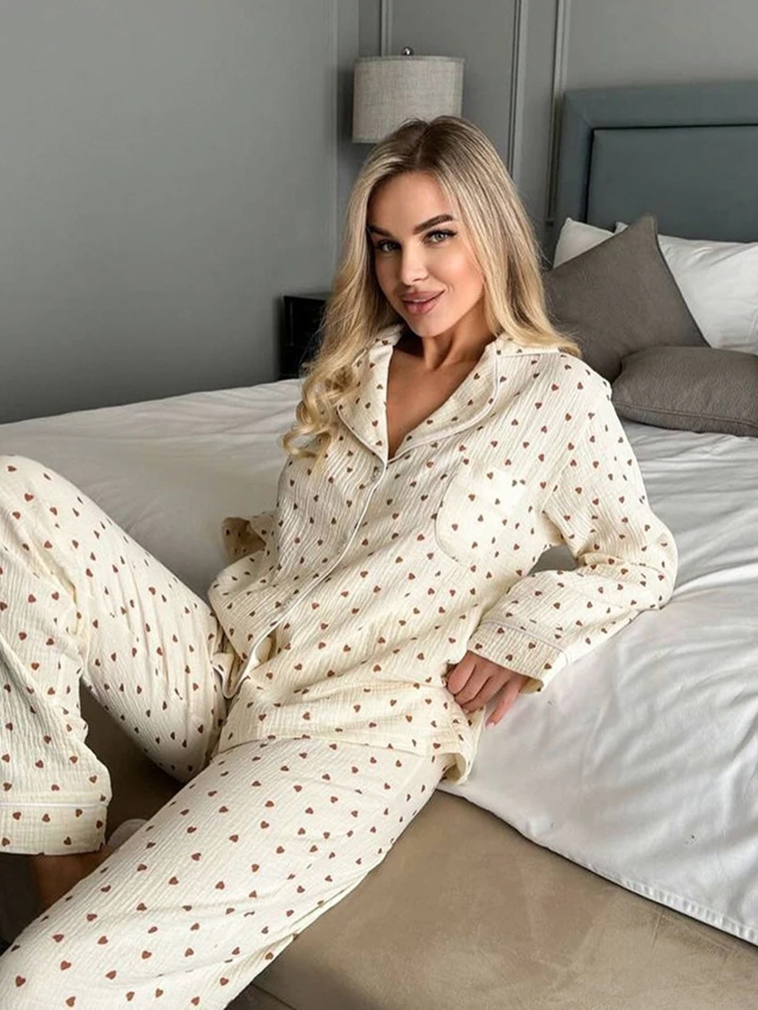 Marthaqiqi Cotton Printing Female Sleepwear Suit Sexy Turn-Down Collar Pajamas Long Sleeve Nightgowns Pants Casual Nightwear Set