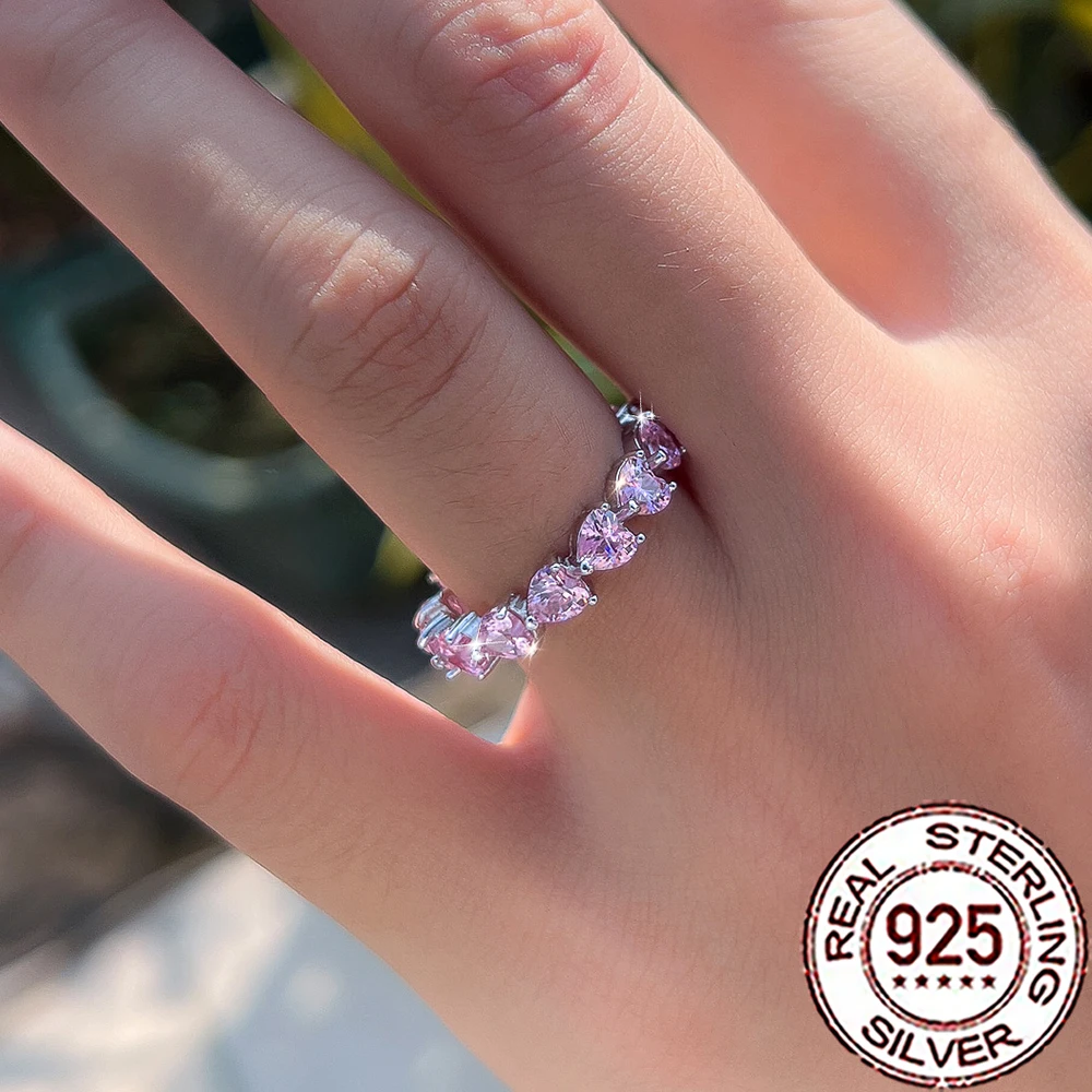 QooLady Fingerringe aus 925er-Sterlingsilber, elegant, komplett rosa, Zirkonia, Herzform, Fingerringe für Frauen, Hochzeit, Schmuck, Geschenk SR079 – Detail 6