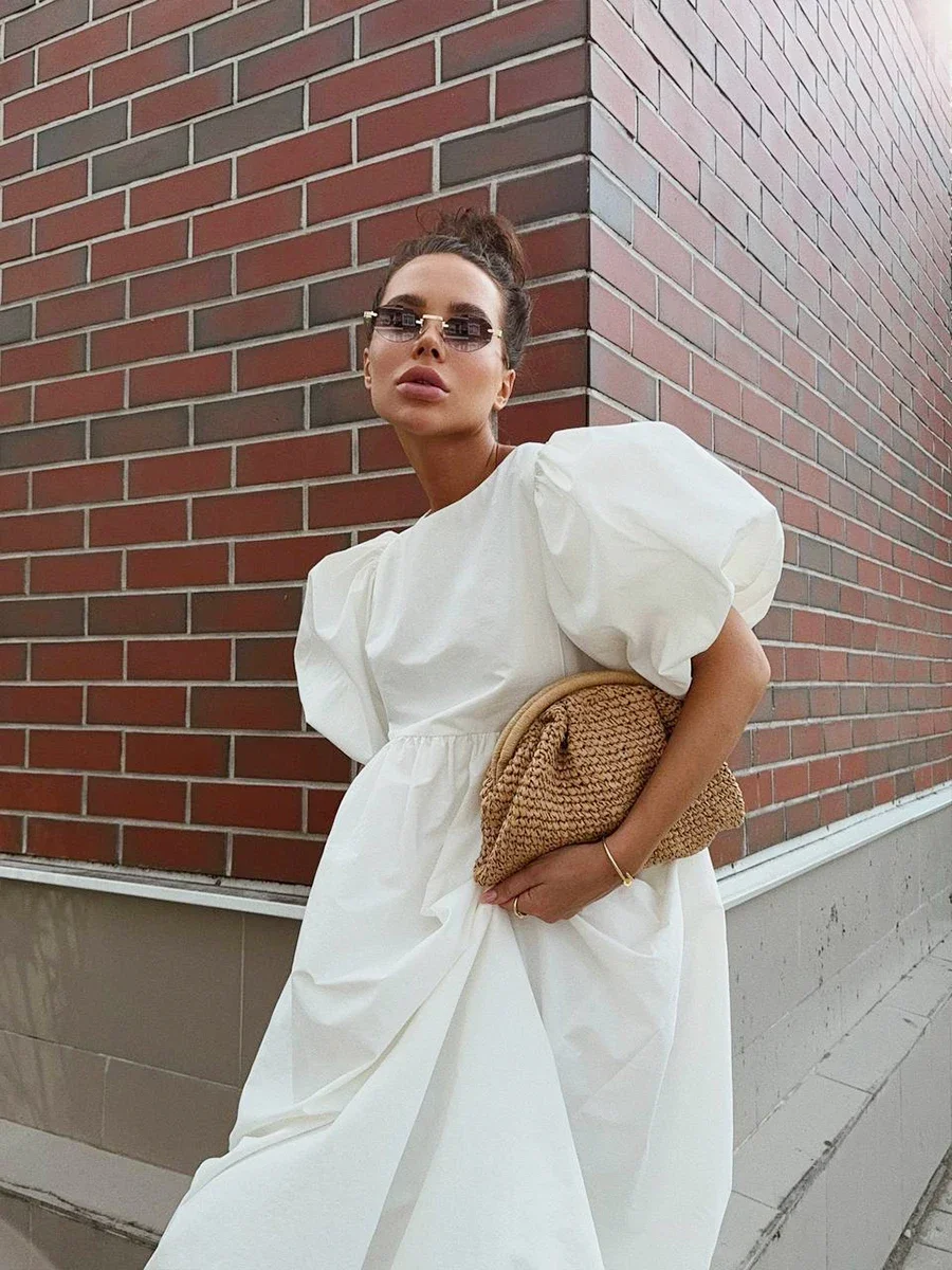 Bornladies Summer Cotton Women's Oversized Bubble Sleeve Dresses Fashionable Ladies O-Neck Chic Short Sleeve Loose Long Dress