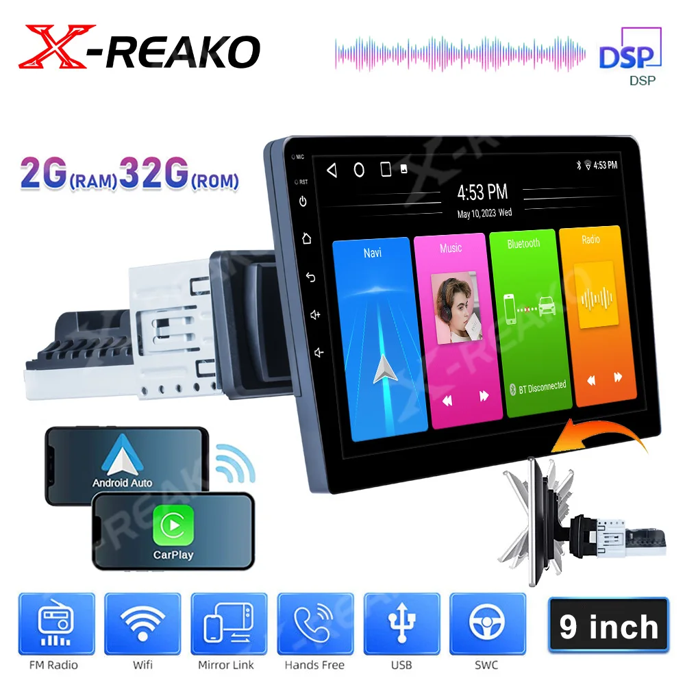 

X-REAKO 9 Inch Car Radio Stereo Universal GPS Multimedia Player 1 DIN WiFi CarPlay auto Android12 360° Rotating Screen Autoradio