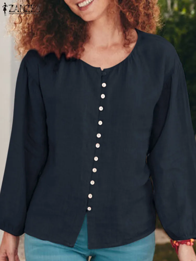 

ZANZEA Woman Elegant Puff Sleeve Shirt Autumn O Neck Bottons Blouse Casual Solid Tunic Tops Female Fashion OL Blusas Oversized
