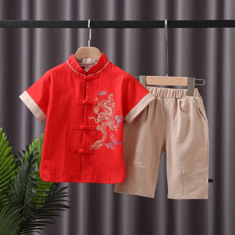 17 Styles Summer Chinese Cotton Linen Delicate Embroidery Stand Collar Short Sleeve Tang Suit Boys Baby Chinese New Year Clothes
