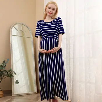 Summer Maternity Striped Dress With Round Neck For Breastfeeding During Confinement Stylish Comfortable For Pregnant Women