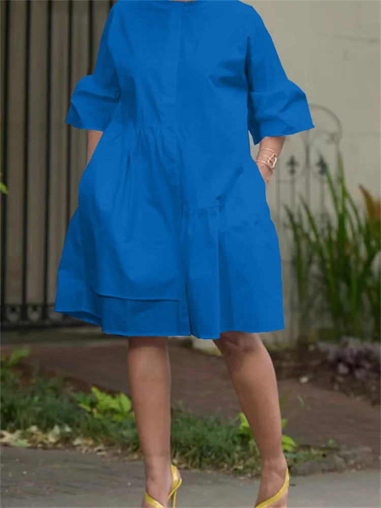 Wmstar Women Dress Solid Color Flare Sleeve Autumn Simple Shirt Casual Fashion O Neck Elegant Pocket Streetwear Female Dresses