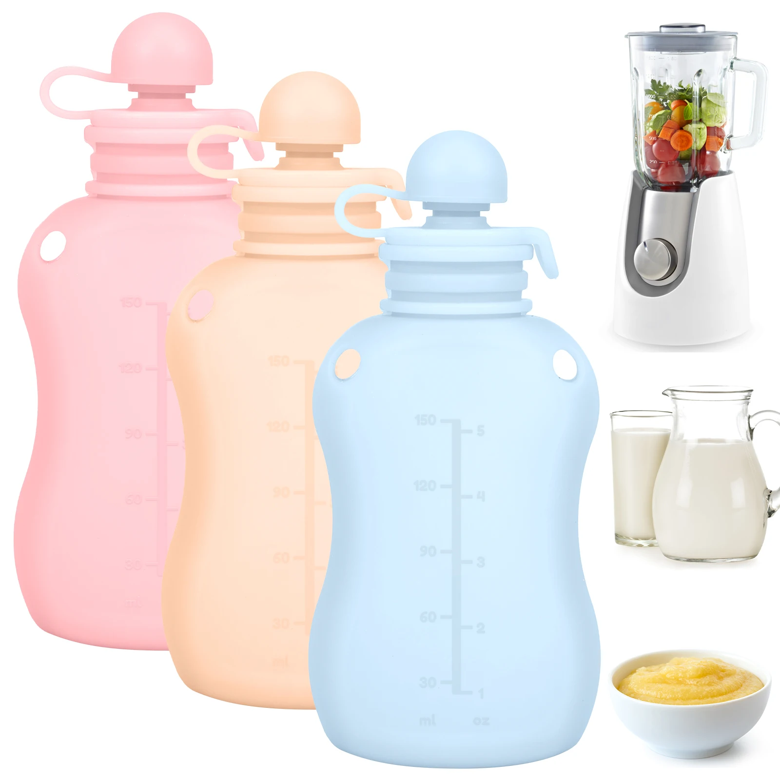 Plastic Food Containers 3Pcs Silicone Baby Food Pouch 150ml/5oz Reusable