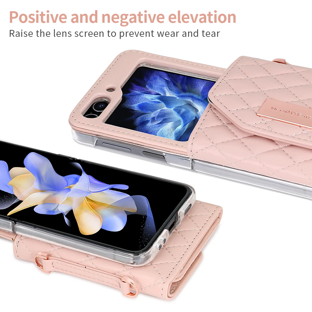 Crossbody Kaarten Solt Lieder Portemonnaie Hülle fir Samsung Galaxy Z Flip 6 5 4 3 5G Flip6 Flip5 Riemen Diamant Dräifach Falt Täsch Cover_voghion.com