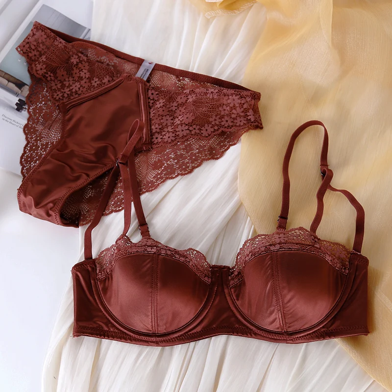 2024 Sexy lace brassiere nude lingerie briefs with steel ring ultra-thin bra set large size women push up half cup underwear set