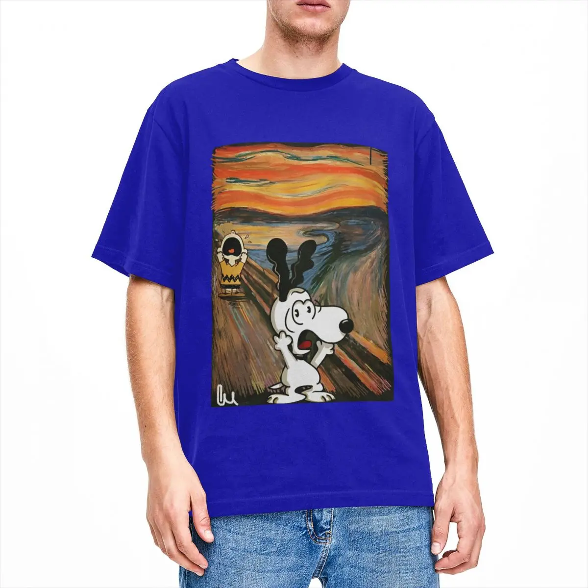 thumbnail image 1 of Camiseta de algodón divertida para hombre, con estampado artístico de Peanuts, Charlie Brown, Scream, Snoopy, camisetas hippies de verano con cuello redondo, camisetas informales de gran tamaño, 1 of 5