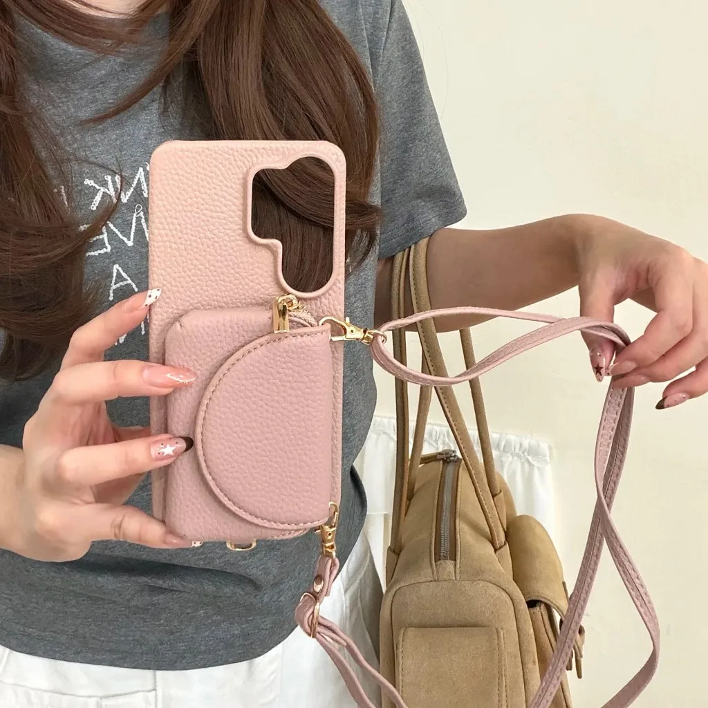 Crossbody Lanyard Phone Case with Mirror Zipper Card Holder and Shockproof Cover