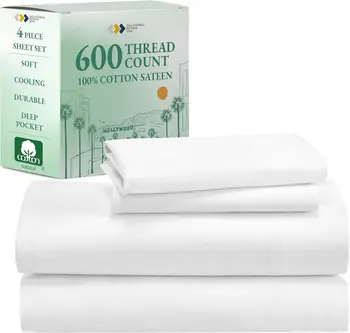 Deep Pocket Sheets, 600 Thread Count 100% Cotton Sateen, California King Sheet Set, Hotel-Quality Bedding - Bright White