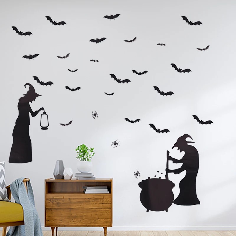 

Halloween Theme Atmosphere Party Wall Sticker Black Witch Bat Cat Spider Print Shape Decor Art Wall Decals Mural Home Decoration
