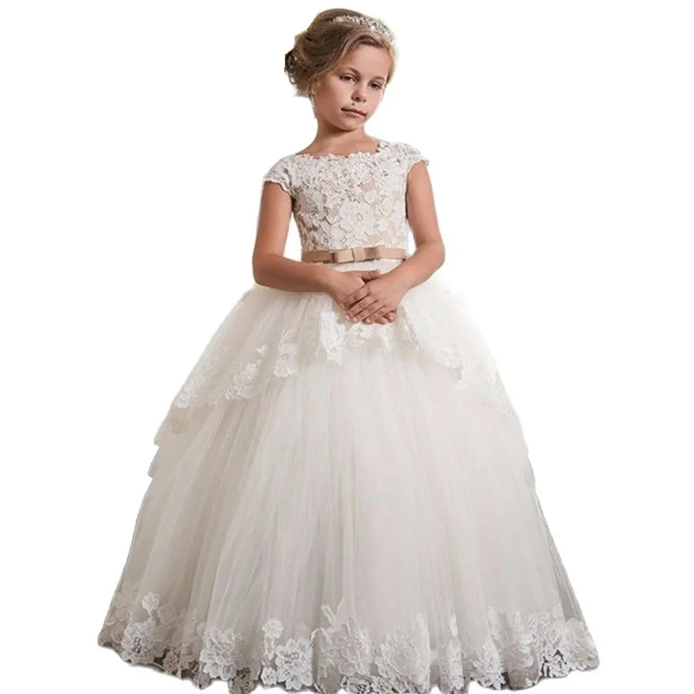 Flower Girls Dresses White Lace Pleated Ruffles First Communion Dresses For Wedding Special Occasion,flower girl dresses,floral appliqu&eacute; dress,girls dresses