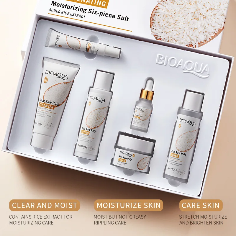 Facial And Hair Essence Set BIOAOUA Rice Protoplasm Grape Skincare Set Face Serum Cream Hydrating Moisturizing Cleanser Toner Anti Age Face Care Set