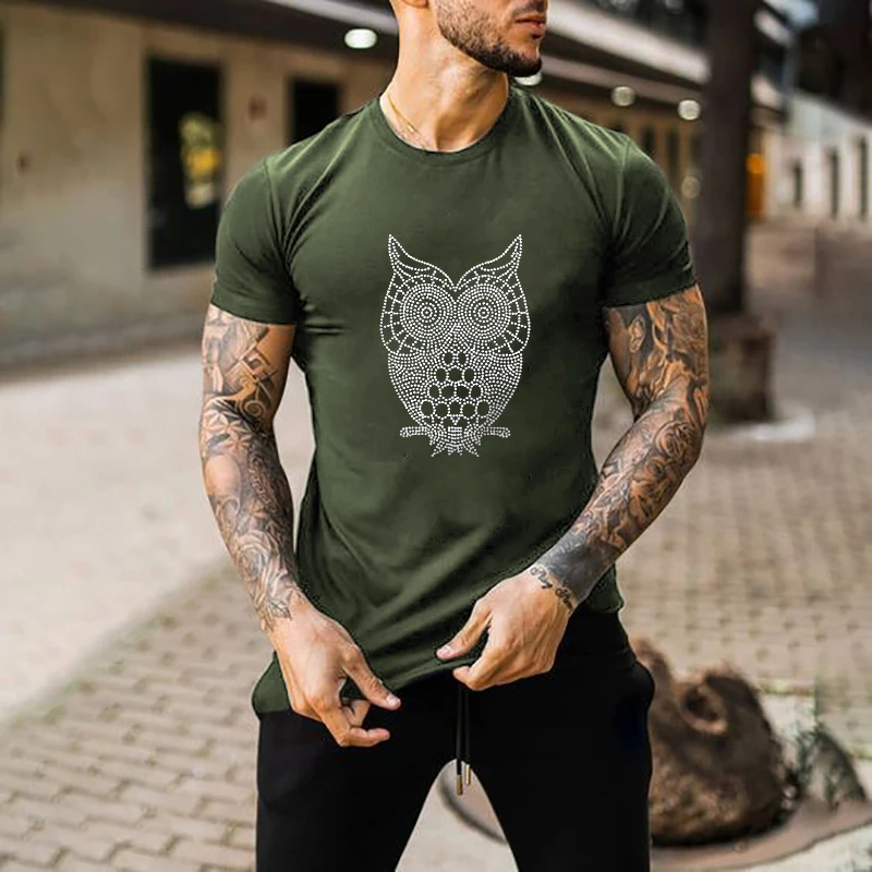 

New Fashion Mens Clothing High Quality Oversized Tee y2k Owl Rhinestone Designer Short Sleeve Tops Punk Casual Street T-shirt