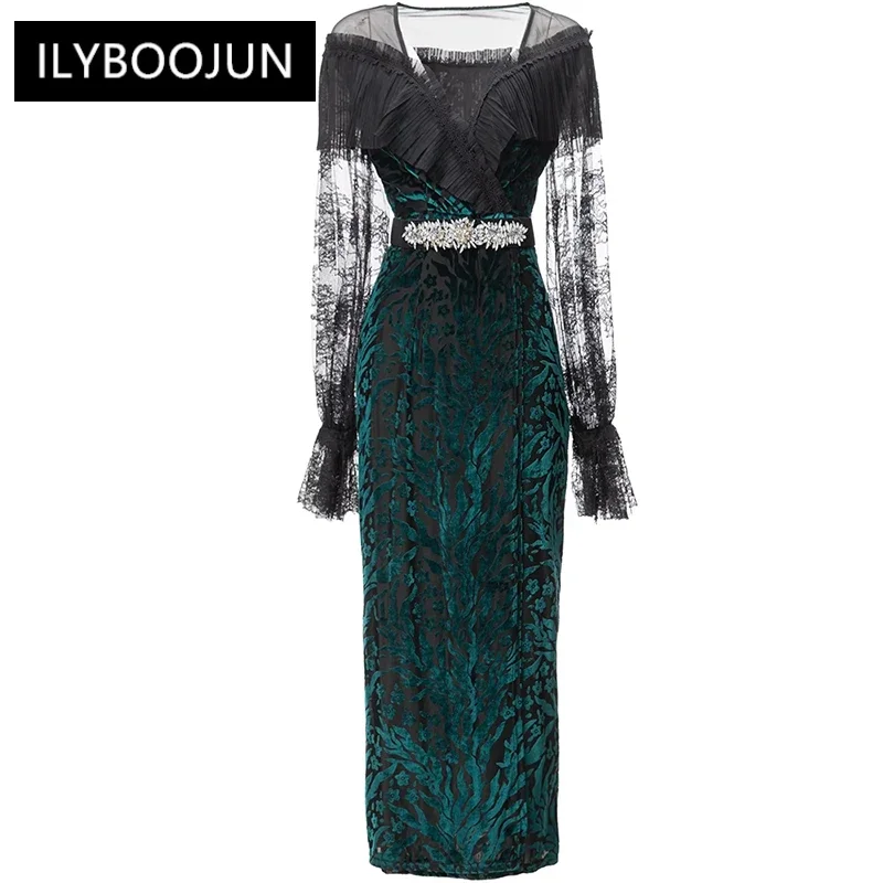 

Autumn Velvet Dress Women V-Neck Lace Flare Sleeve Crystal Belt Party Dresses For Women 2023 Luxury Brand High Quality