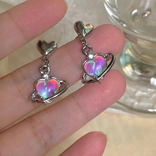 Y2K Heart Planet Drop Earrings for Women Harajuku Fashion Punk Girl Crystal Stars Earring 2025 Korean Trendy Party Jewelry Gifts