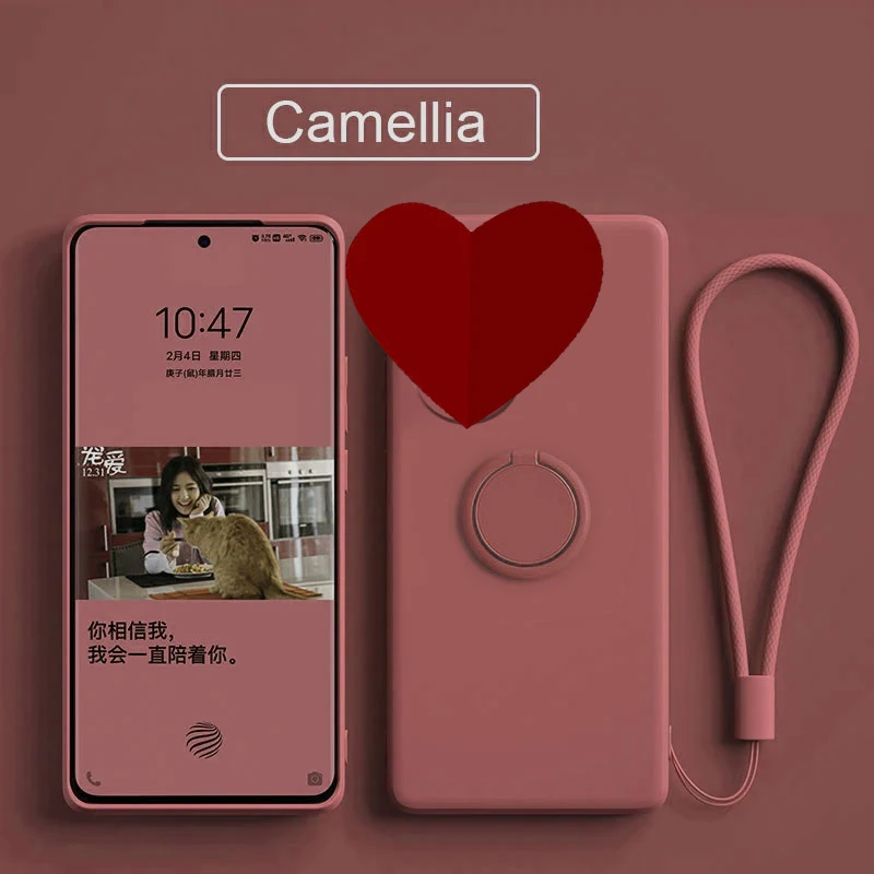Enhanced Solid Color Silicone Phone Case with Finger Ring Stand Holder and Lens Protection
