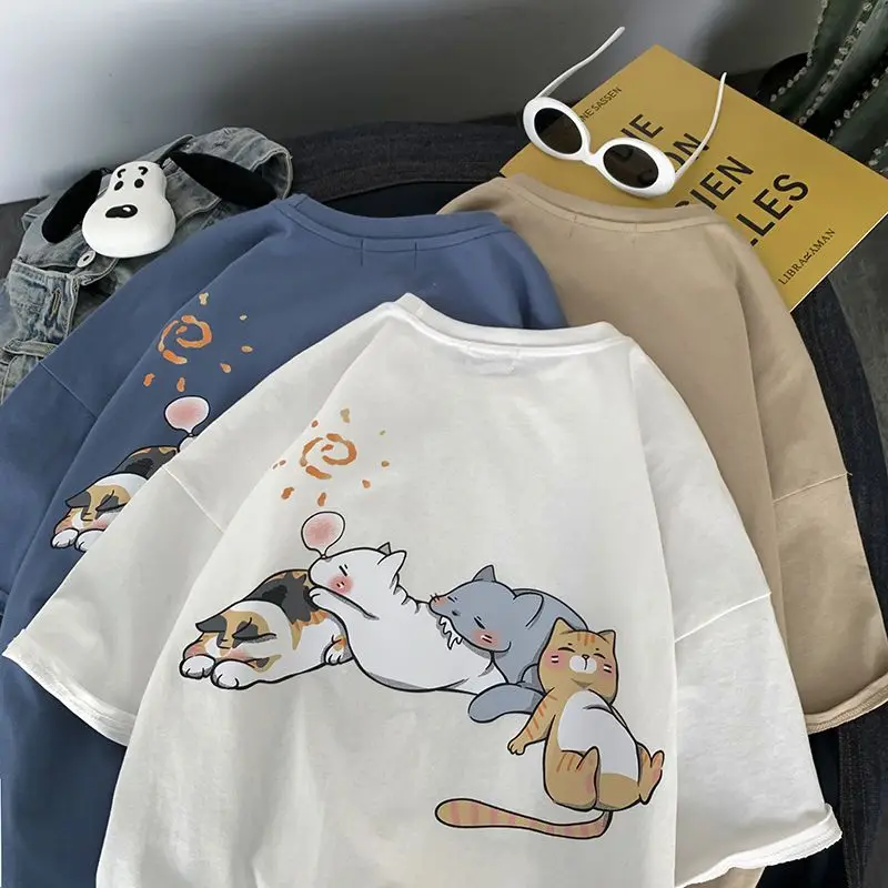 

Cotton Short Sleeved Menand Women Fashion Versatile Student Casual Loose Fitting Couple Cute Cat Half Sleeved Tshirt Top Clothes